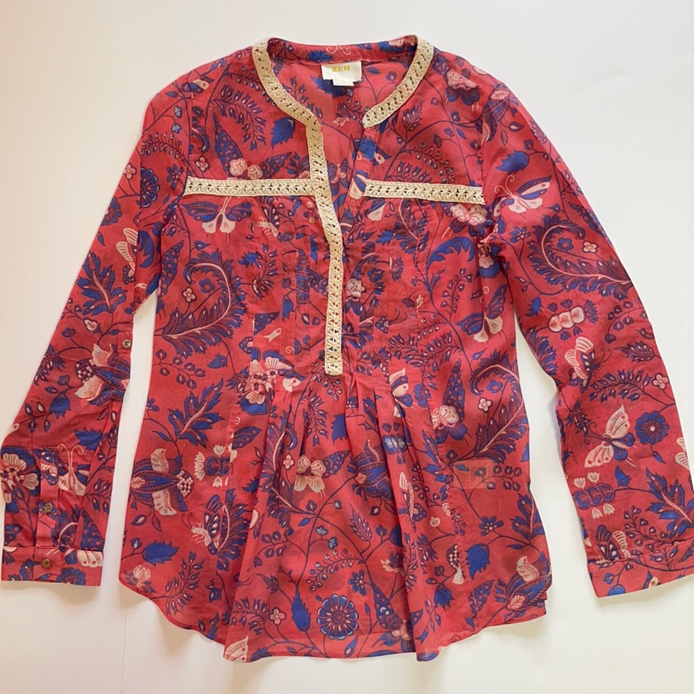 Anthropologie Maeve Pink + Blue Butterfly Blouse size 4 (EUC)